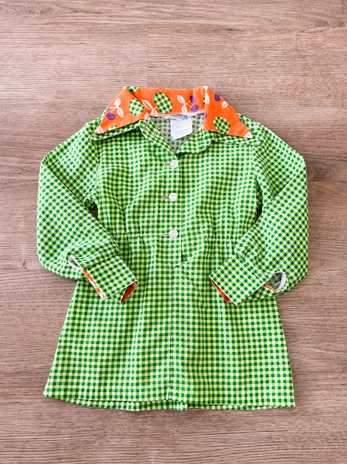 1970s Vintage Green Gingham Mini Dress with Fruit Print Trim Kids Toddler