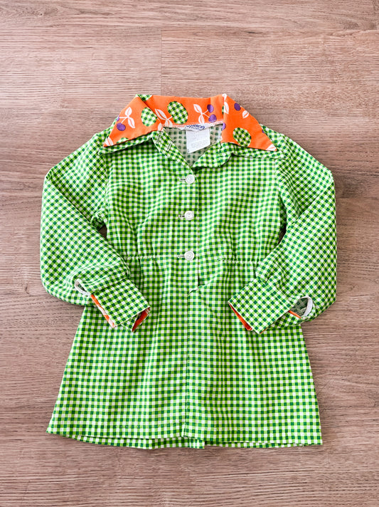 1970s Vintage Green Gingham Mini Dress with Fruit Print Trim Kids Toddler