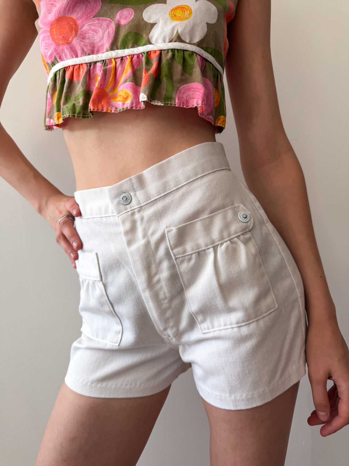 1970s / 1980s White Shorts with Front Pockets and Painted Buttons