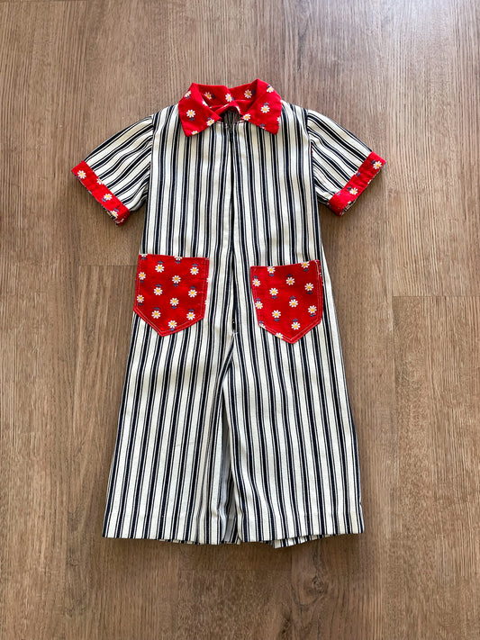 1970s Vintage Toddler Kids Pinstriped Daisy Denim Jumpsuit