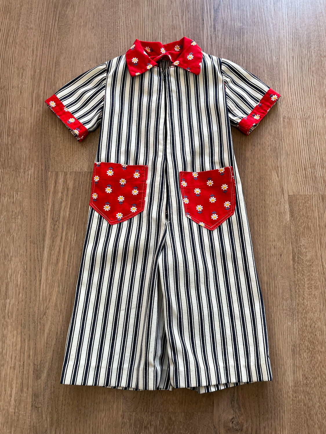 1970s Vintage Toddler Kids Pinstriped Daisy Denim Jumpsuit