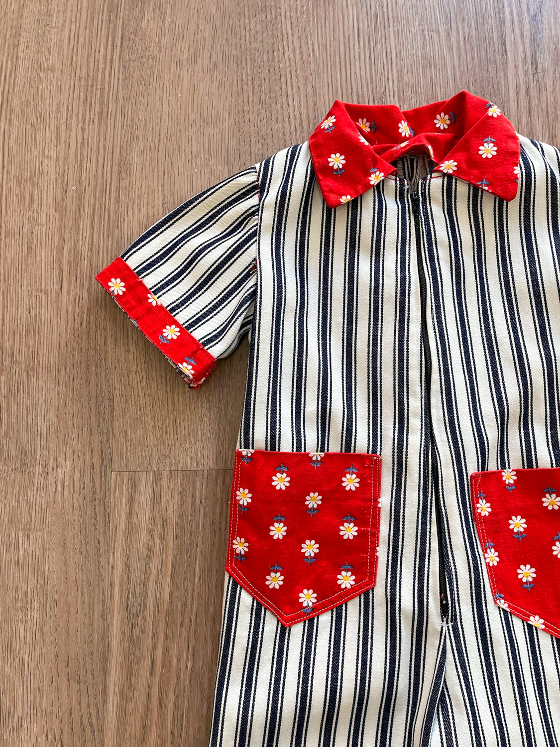 1970s Vintage Toddler Kids Pinstriped Daisy Denim Jumpsuit