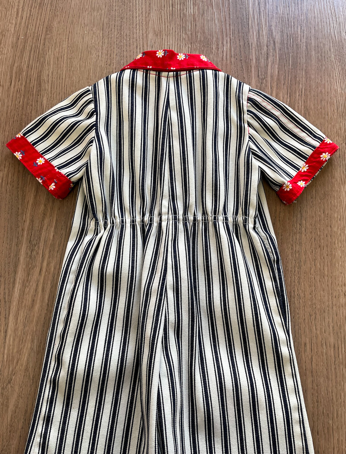 1970s Vintage Toddler Kids Pinstriped Daisy Denim Jumpsuit