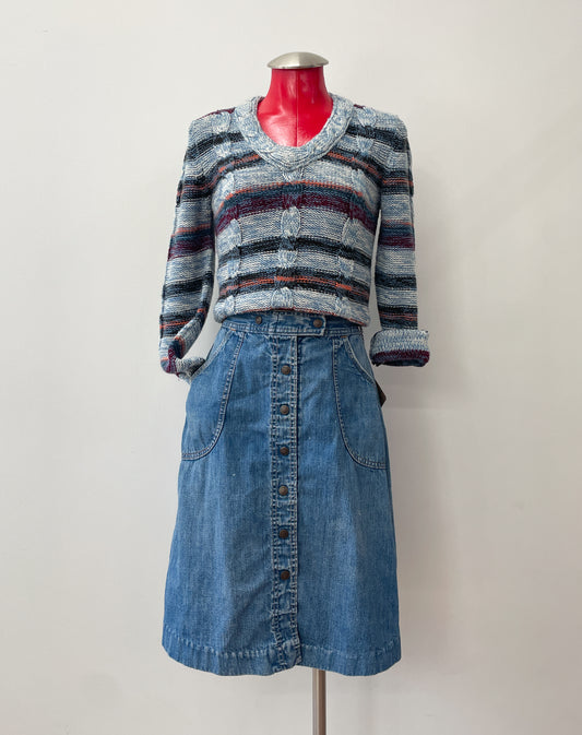 1970s Vintage Snap Front Elastic Waist Jean Skirt