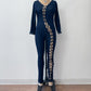 2000s Y2K Sexy Stretchy Lace Up Dark Denim Jumpsuit