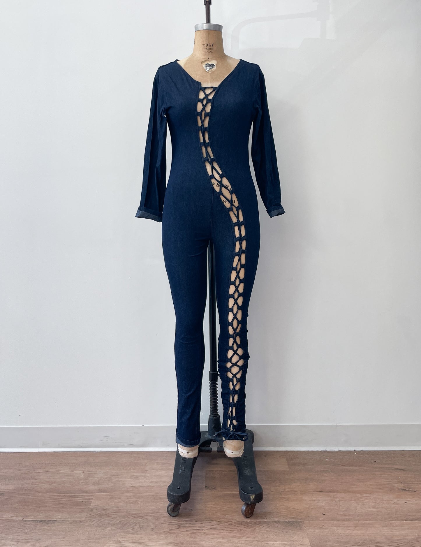 2000s Y2K Sexy Stretchy Lace Up Dark Denim Jumpsuit