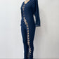 2000s Y2K Sexy Stretchy Lace Up Dark Denim Jumpsuit