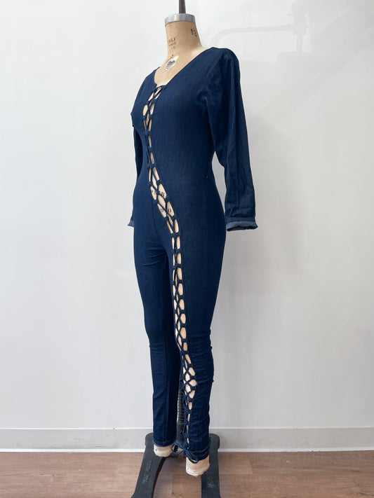 2000s Y2K Sexy Stretchy Lace Up Dark Denim Jumpsuit