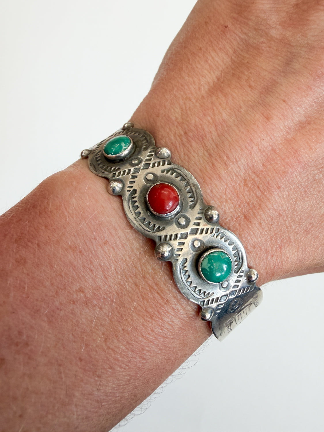 1930s Vintage Stampwork Native American Turquoise and Coral Sterling Silver Cuff
