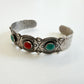 1930s Vintage Stampwork Native American Turquoise and Coral Sterling Silver Cuff