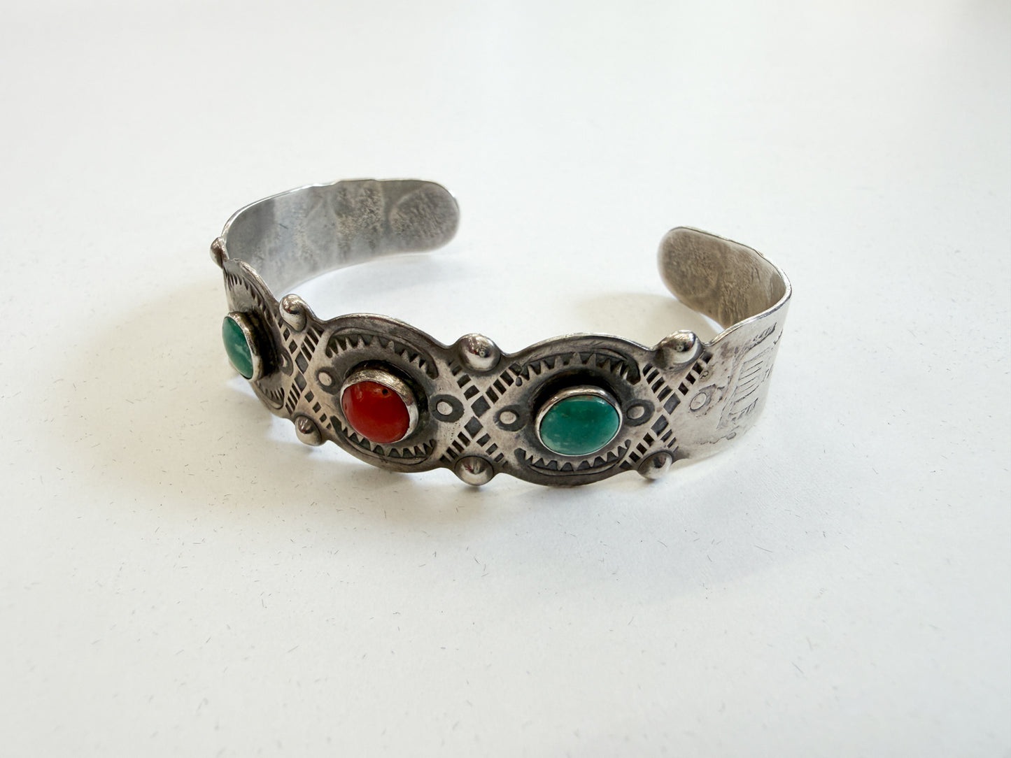1930s Vintage Stampwork Native American Turquoise and Coral Sterling Silver Cuff