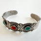 1930s Vintage Stampwork Native American Turquoise and Coral Sterling Silver Cuff