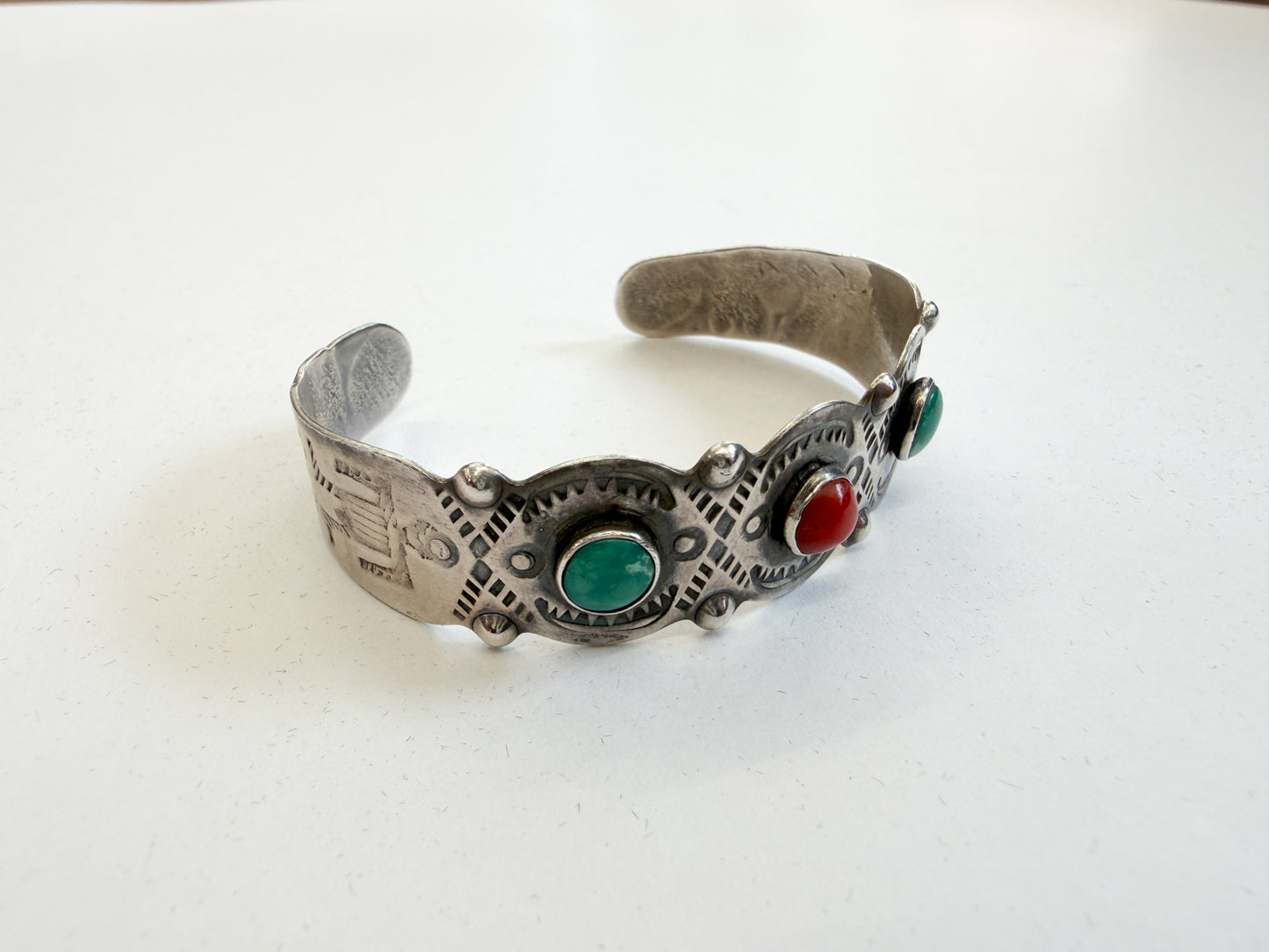 1930s Vintage Stampwork Native American Turquoise and Coral Sterling Silver Cuff