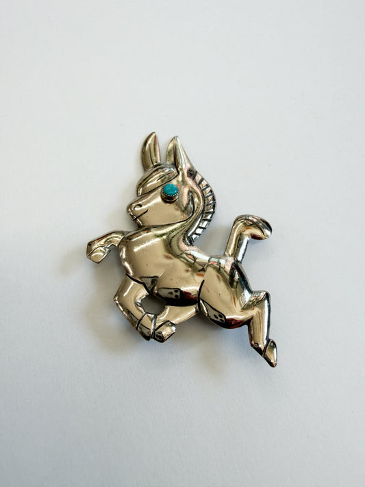 1990s Vintage Baby Donkey Mule Sterling Silver Turquoise Brooch