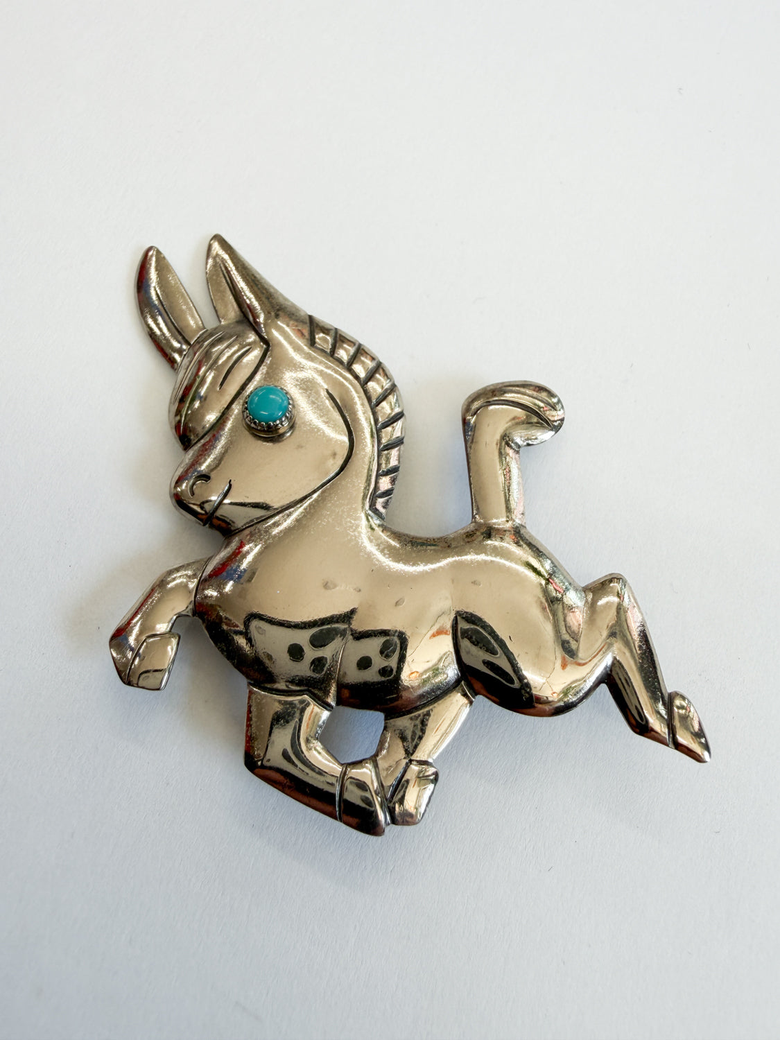 1990s Vintage Baby Donkey Mule Sterling Silver Turquoise Brooch