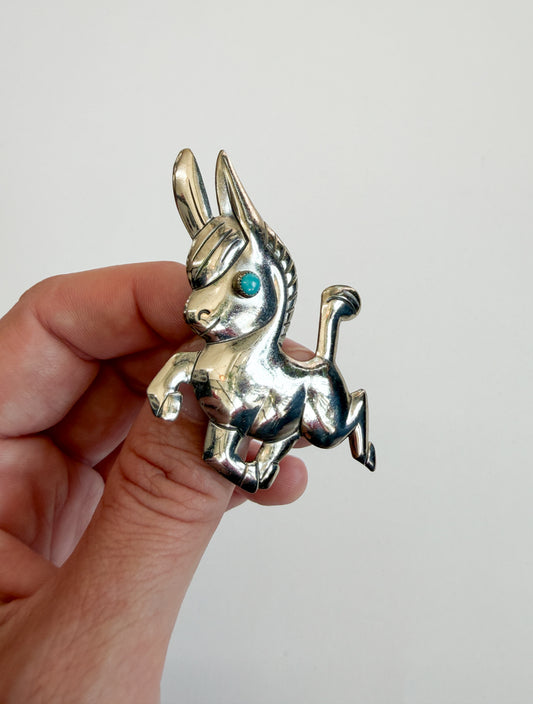 1990s Vintage Baby Donkey Mule Sterling Silver Turquoise Brooch