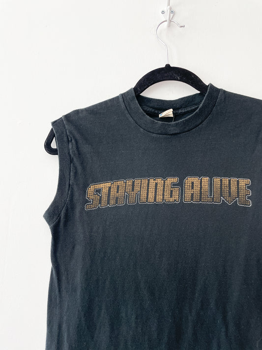 1980s Vintage Staying Alive Bee Gees Cotton Muscle Tank Top Sleeveless T-Shirt