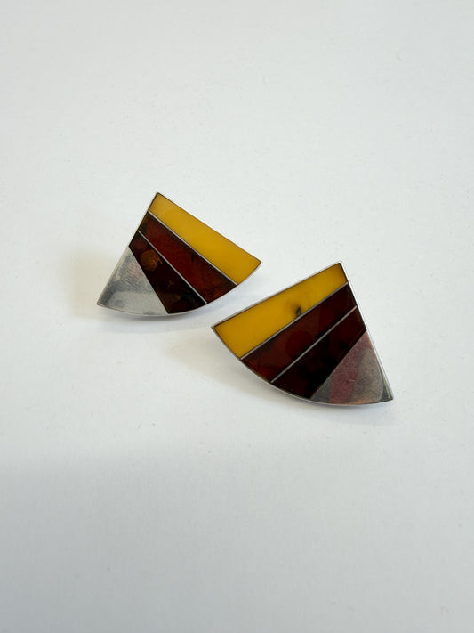 1990s Vintage Sterling Baltic Amber Inlay Abstract Earrings