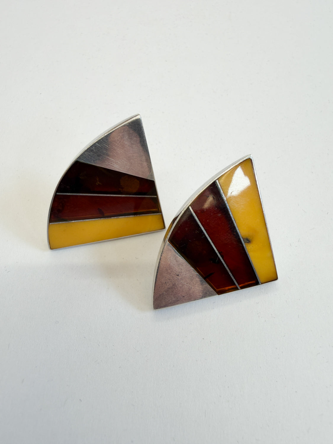 1990s Vintage Sterling Baltic Amber Inlay Abstract Earrings