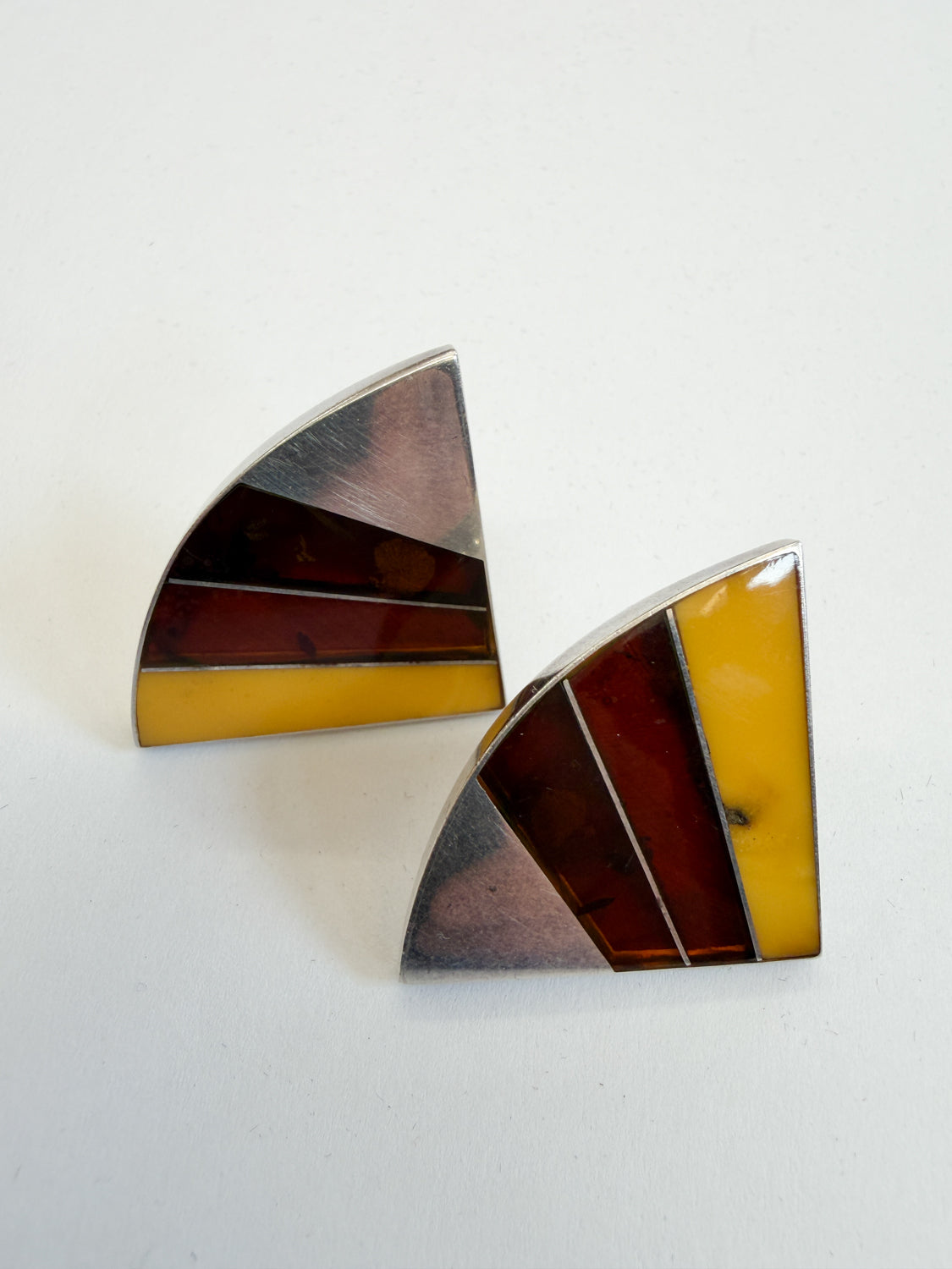 1990s Vintage Sterling Baltic Amber Inlay Abstract Earrings