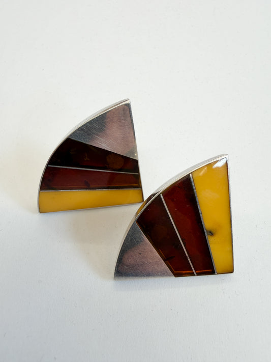 1990s Vintage Sterling Baltic Amber Inlay Abstract Earrings