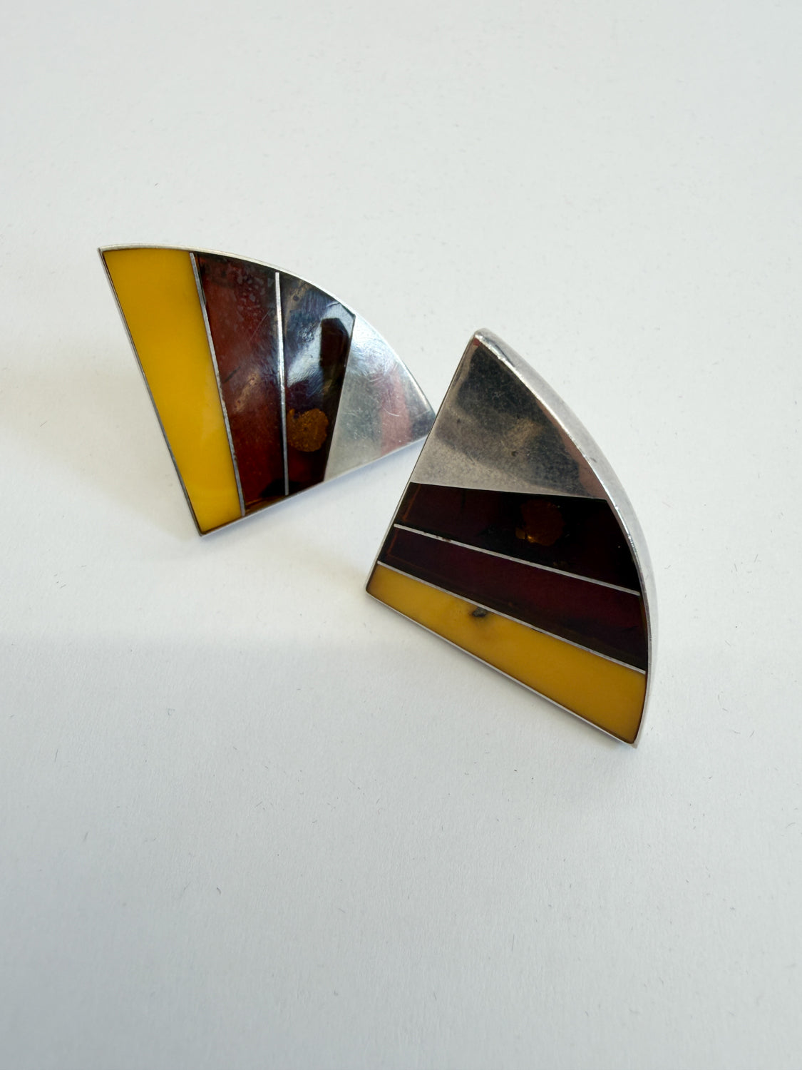 1990s Vintage Sterling Baltic Amber Inlay Abstract Earrings
