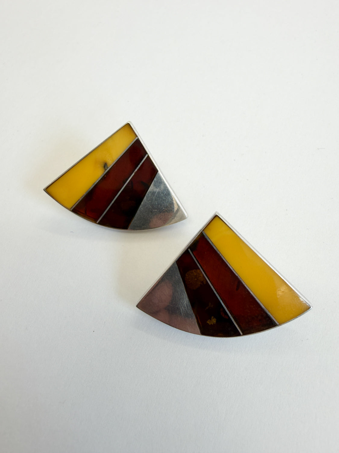1990s Vintage Sterling Baltic Amber Inlay Abstract Earrings