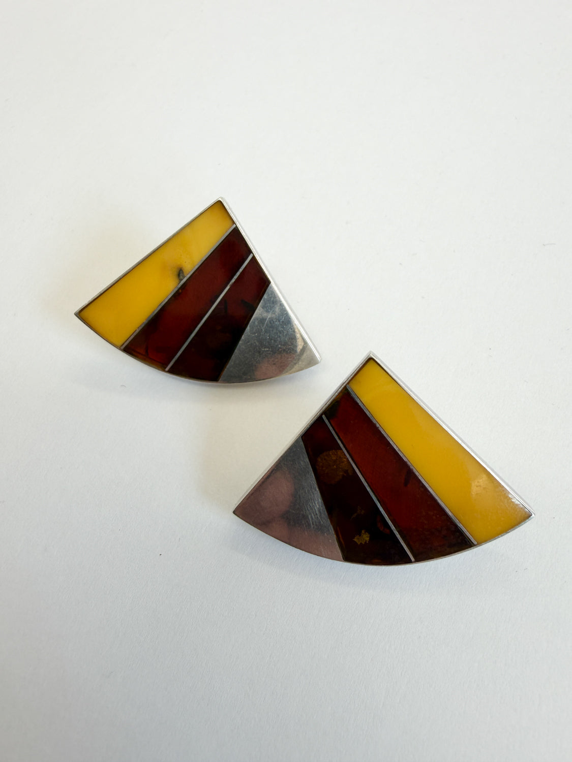 1990s Vintage Sterling Baltic Amber Inlay Abstract Earrings