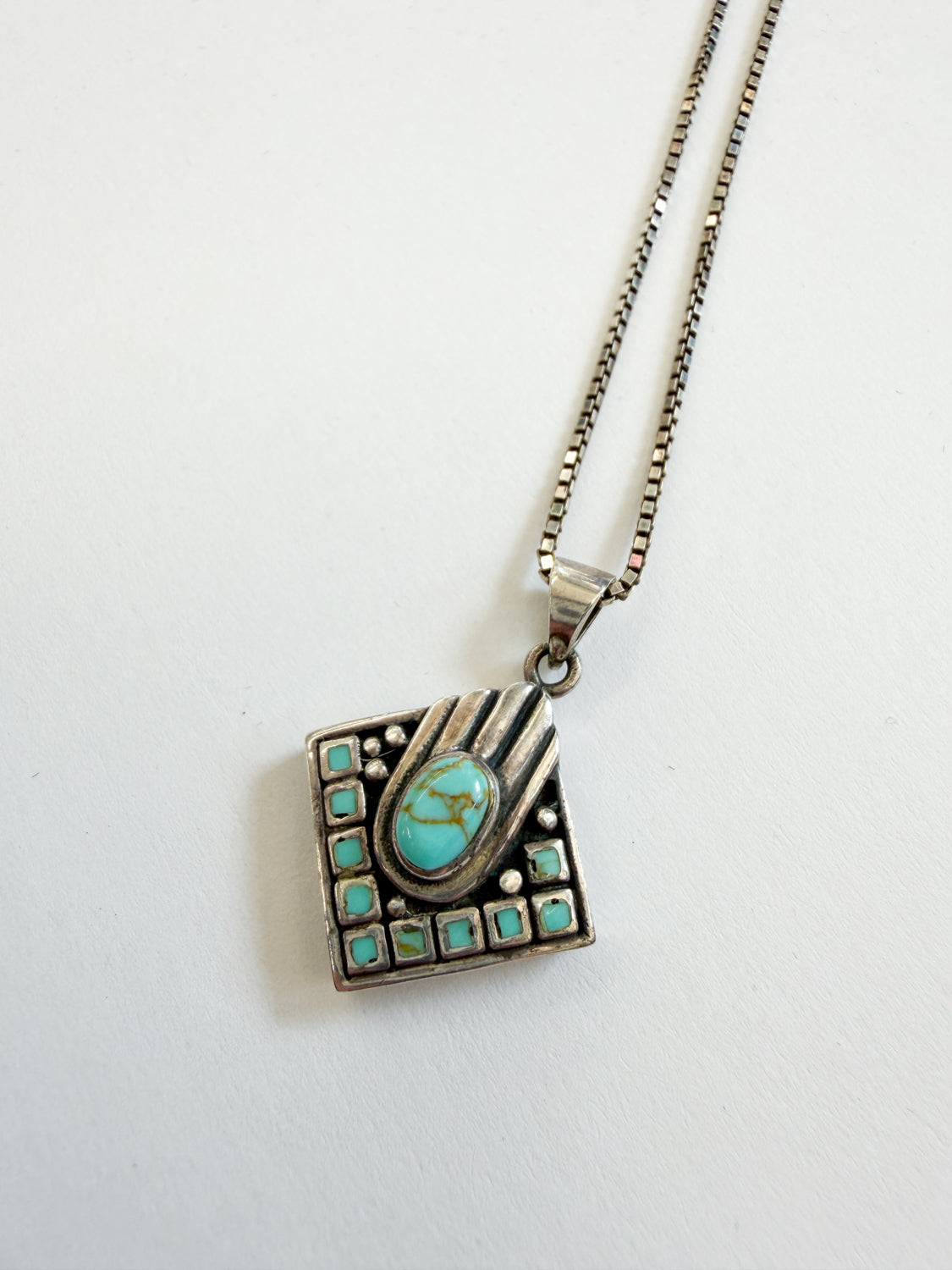 1980s Vintage Turquoise Diamond Shaped Inlay Hand Pendant Necklace