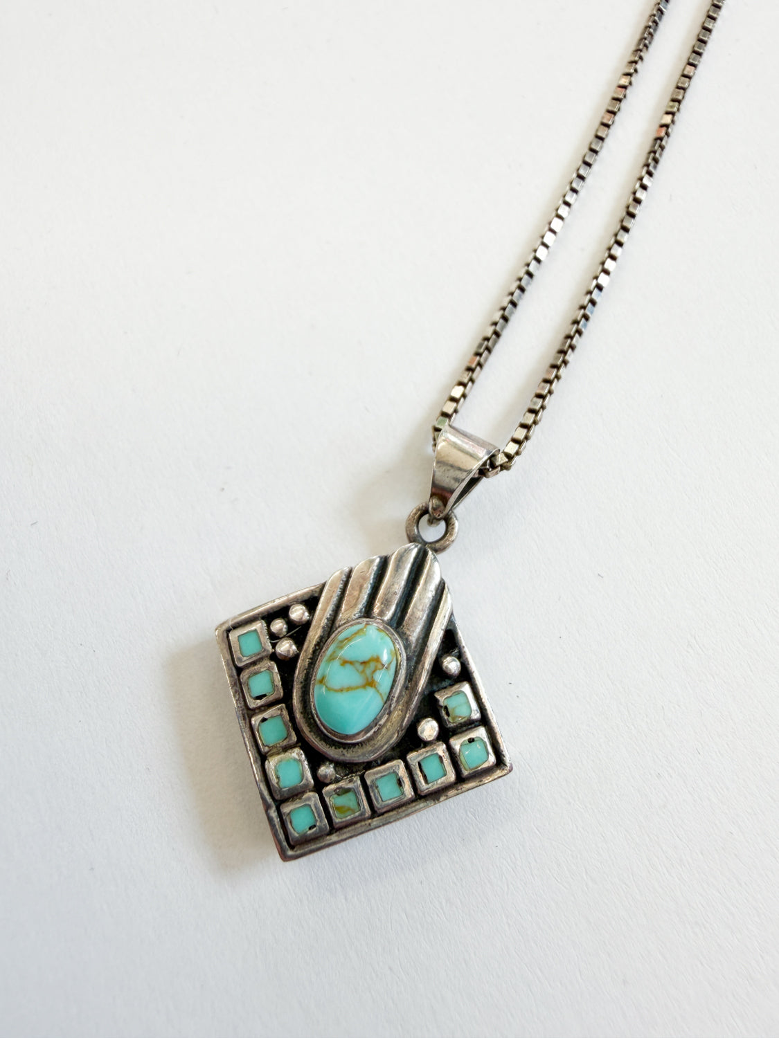 1980s Vintage Turquoise Diamond Shaped Inlay Hand Pendant Necklace