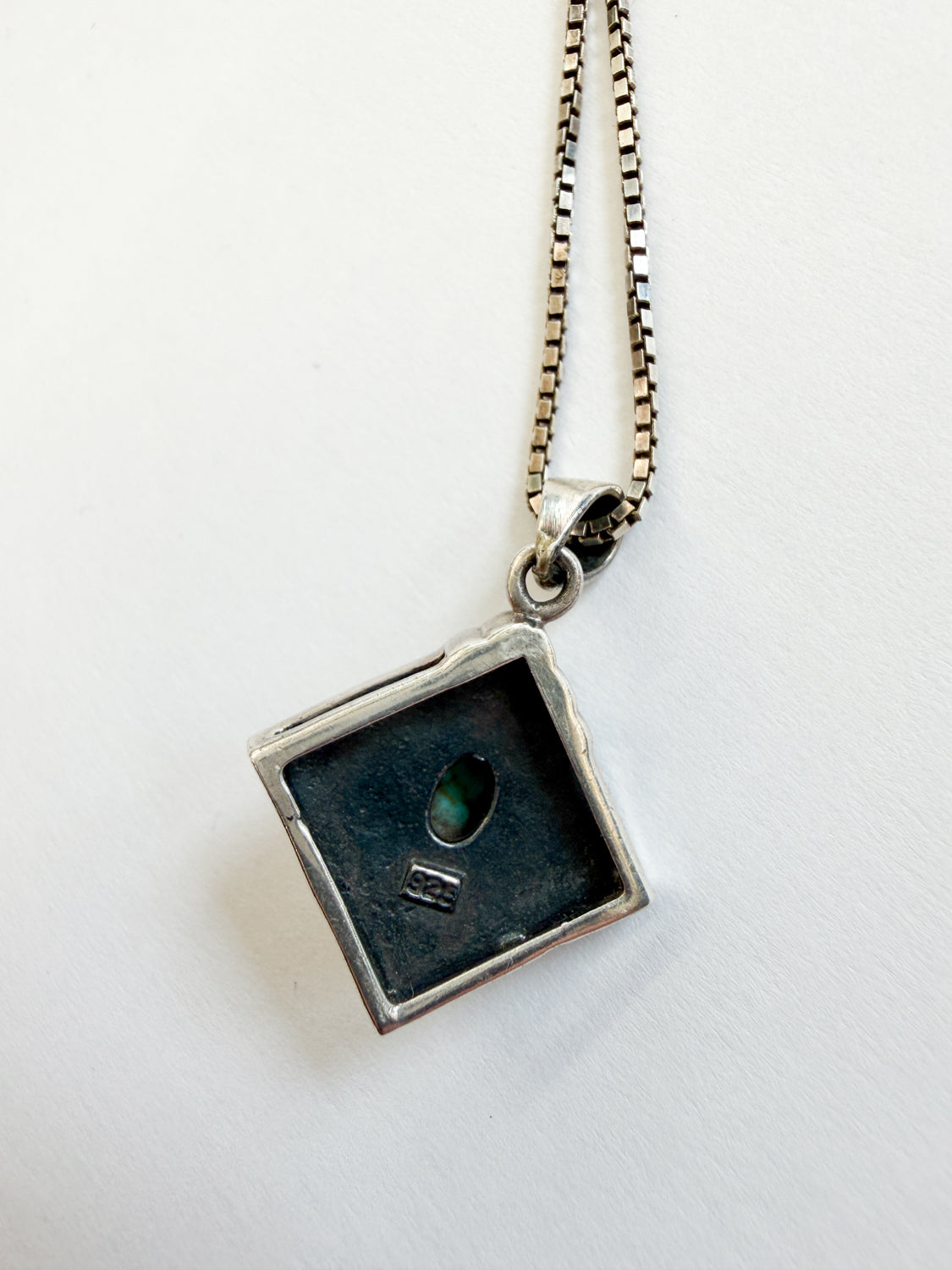 1980s Vintage Turquoise Diamond Shaped Inlay Hand Pendant Necklace