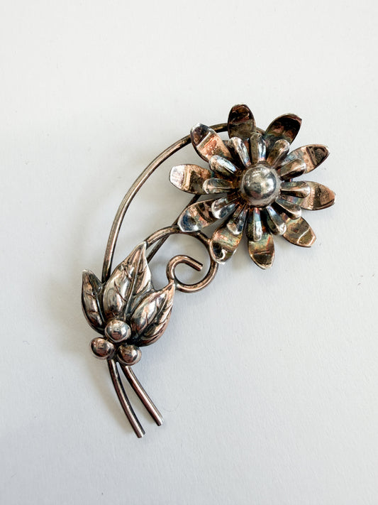 1990s Vintage Sterling Silver Swirling Flower Leaves Brooch