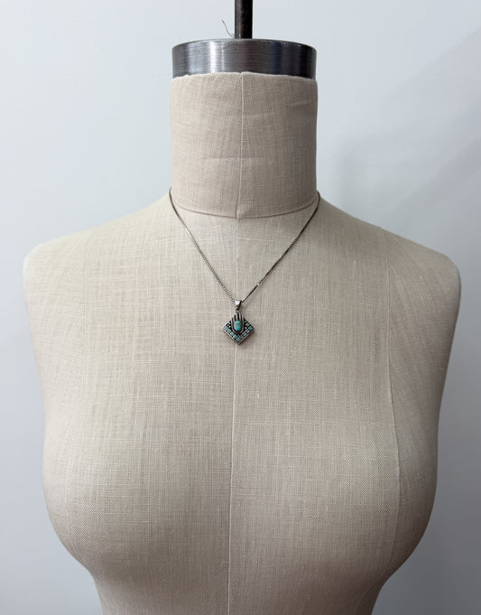 1980s Vintage Turquoise Diamond Shaped Inlay Hand Pendant Necklace