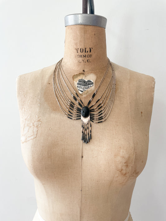 1970s Vintage Liquid Silver 10-Strand Onyx Necklace; attributed to Sensa Eustace Zuni