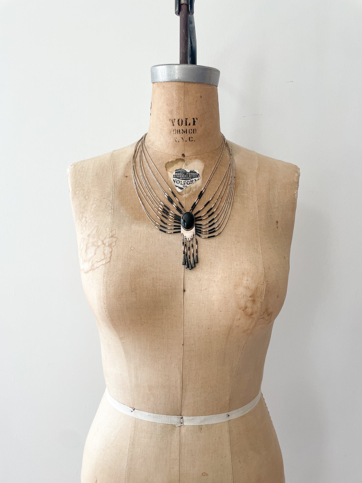 1970s Vintage Liquid Silver 10-Strand Onyx Necklace; attributed to Sensa Eustace Zuni