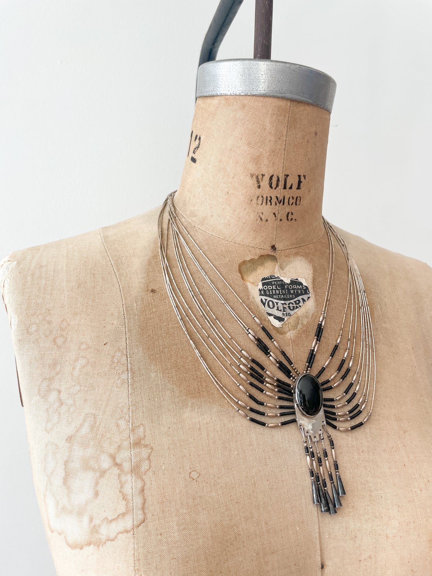 1970s Vintage Liquid Silver 10-Strand Onyx Necklace; attributed to Sensa Eustace Zuni