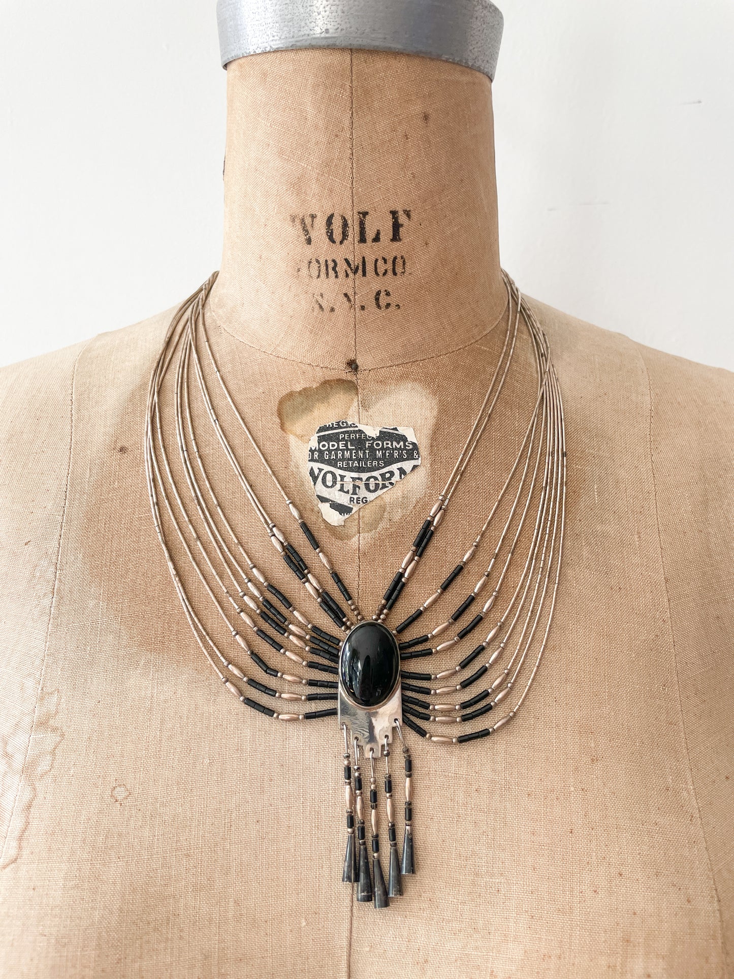 1970s Vintage Liquid Silver 10-Strand Onyx Necklace; attributed to Sensa Eustace Zuni
