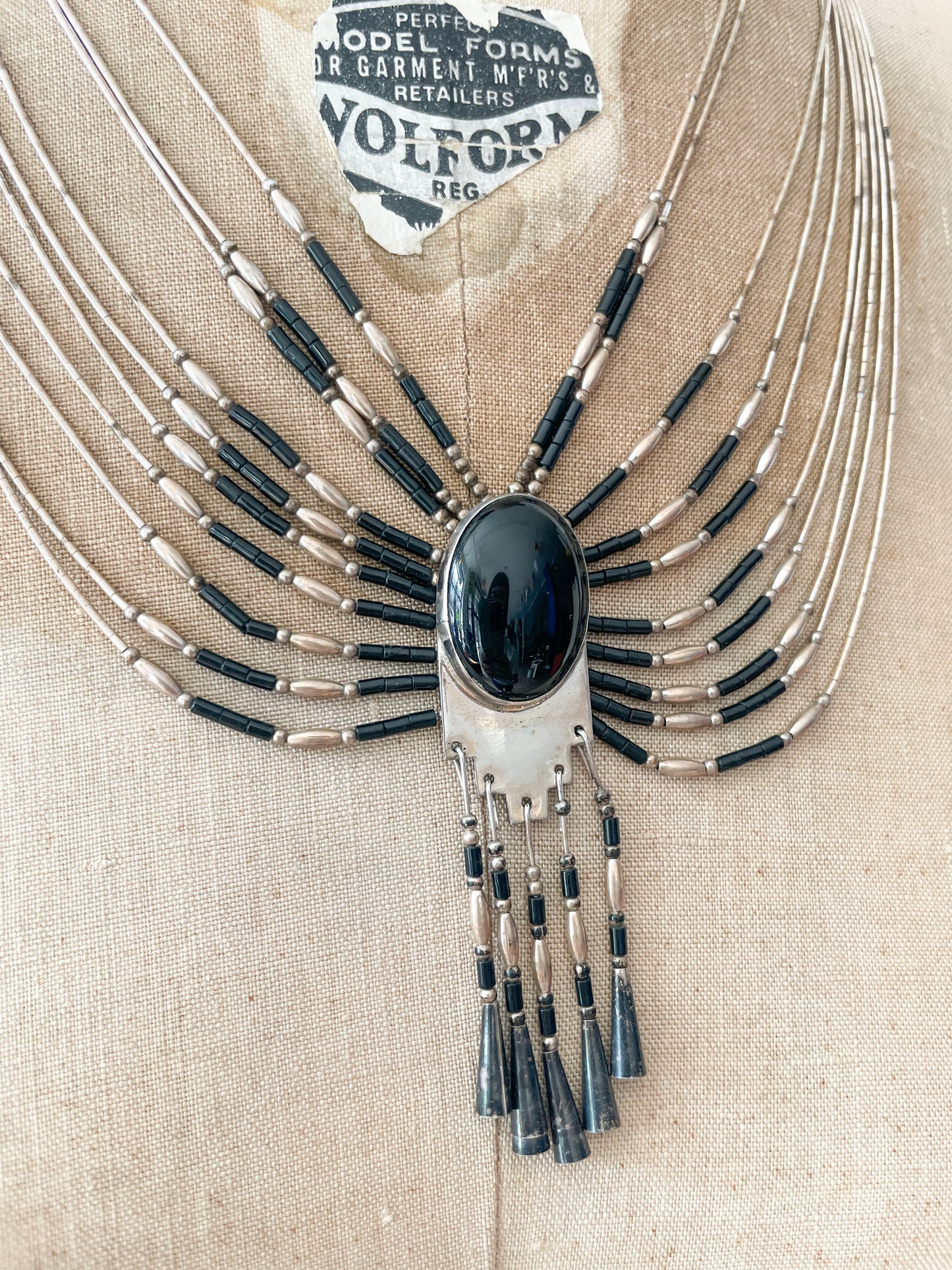 1970s Vintage Liquid Silver 10-Strand Onyx Necklace; attributed to Sensa Eustace Zuni