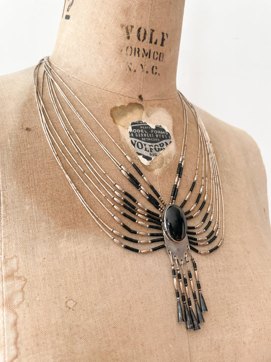 1970s Vintage Liquid Silver 10-Strand Onyx Necklace; attributed to Sensa Eustace Zuni