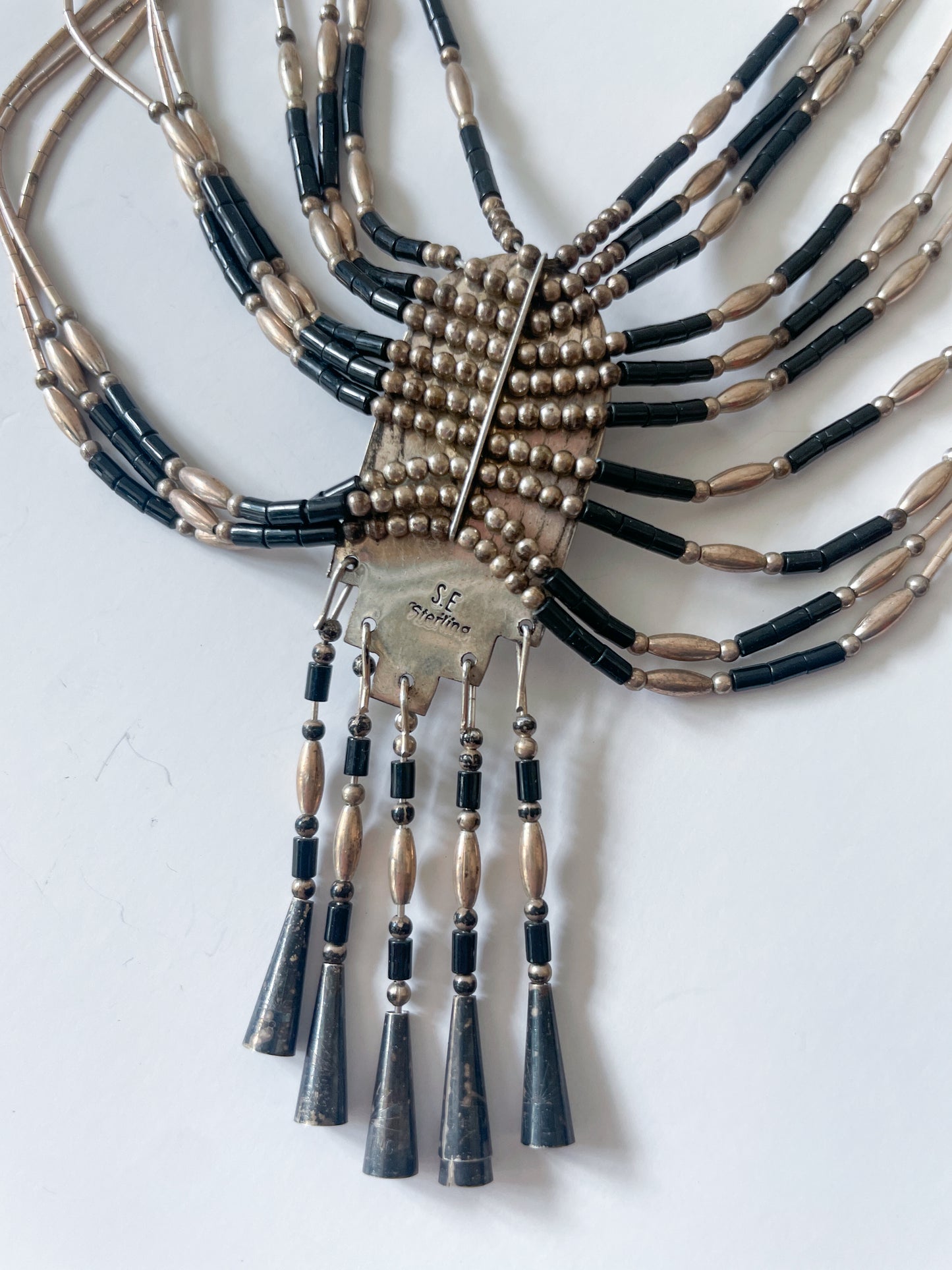 1970s Vintage Liquid Silver 10-Strand Onyx Necklace; attributed to Sensa Eustace Zuni