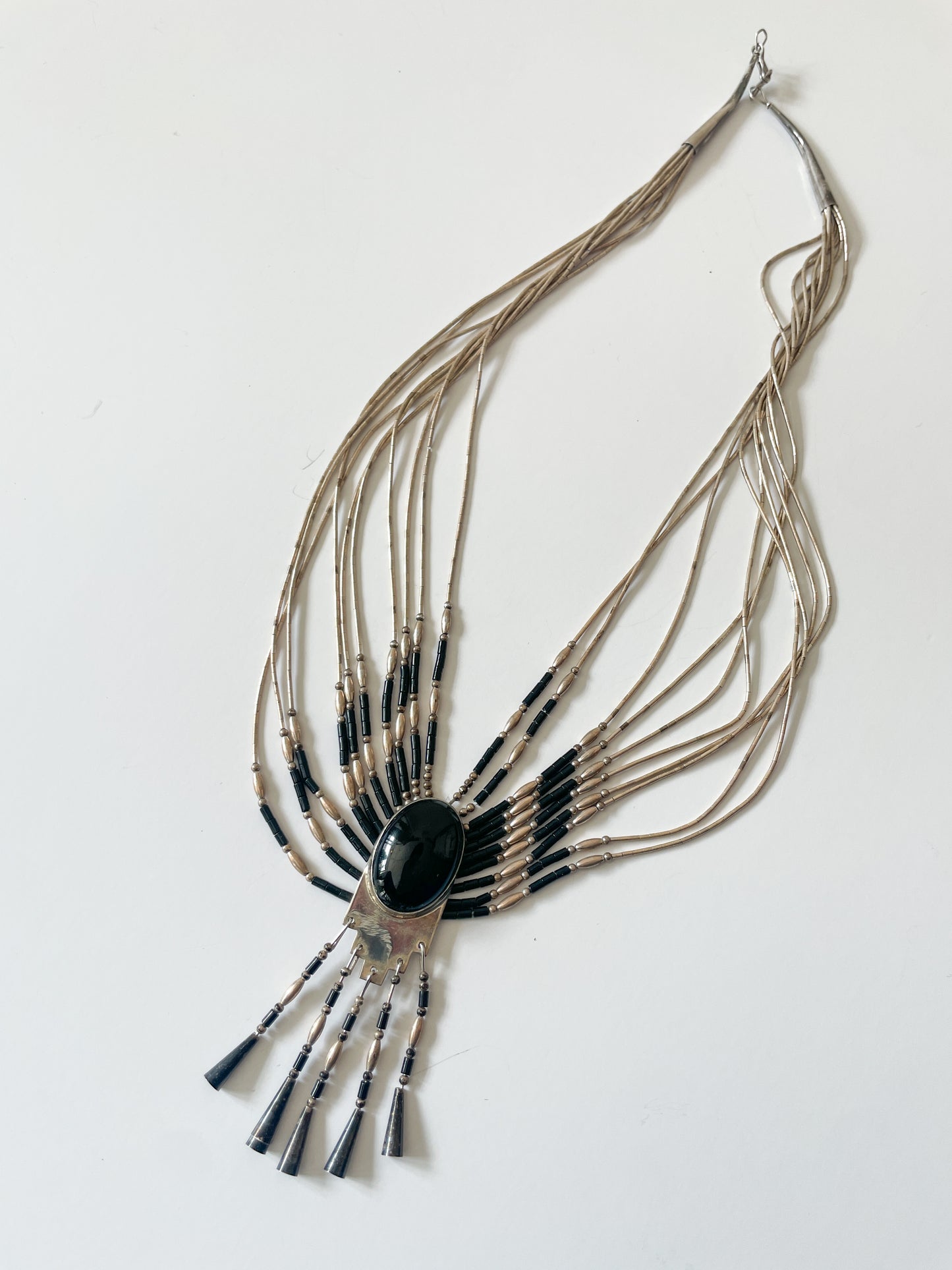 1970s Vintage Liquid Silver 10-Strand Onyx Necklace; attributed to Sensa Eustace Zuni