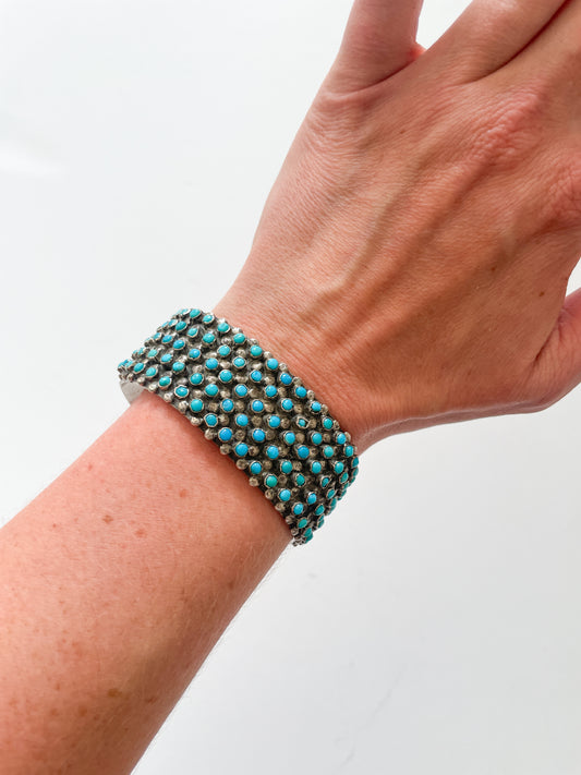 1950s - 1960s Vintage Zuni Snake Eye Turquoise Petit Point Cuff Bracelet