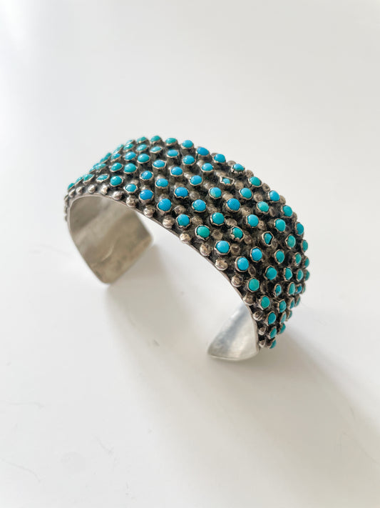 1950s - 1960s Vintage Zuni Snake Eye Turquoise Petit Point Cuff Bracelet