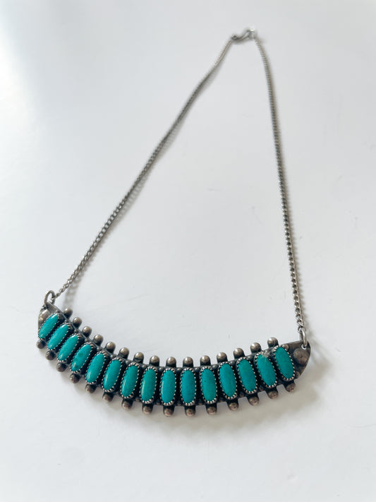 1950s Sterling and Turquoise 15 Stone Petit Point Bib Necklace