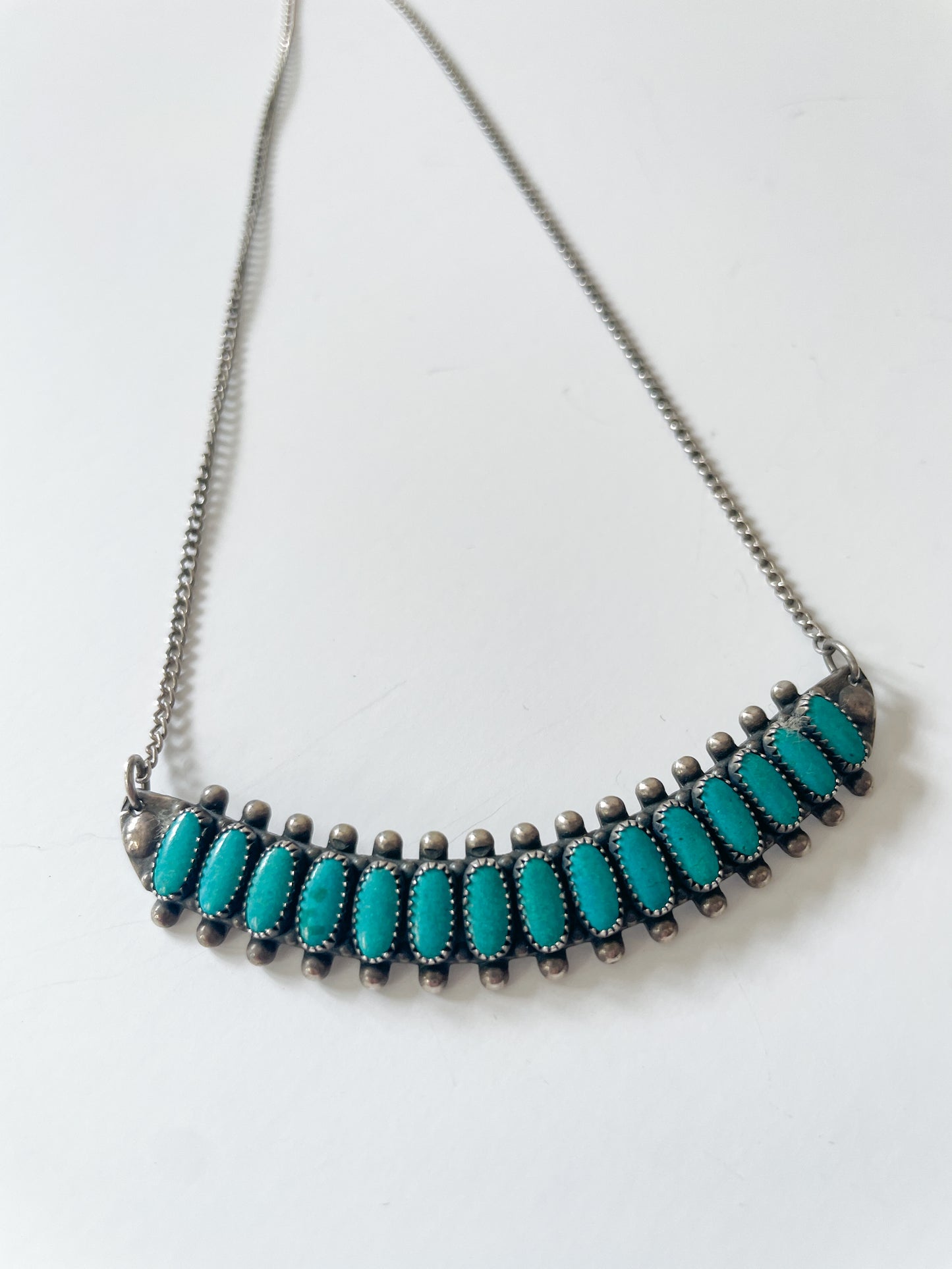 1950s Sterling and Turquoise 15 Stone Petit Point Bib Necklace