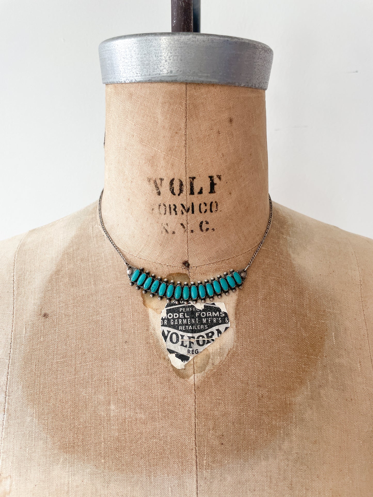 1950s Sterling and Turquoise 15 Stone Petit Point Bib Necklace