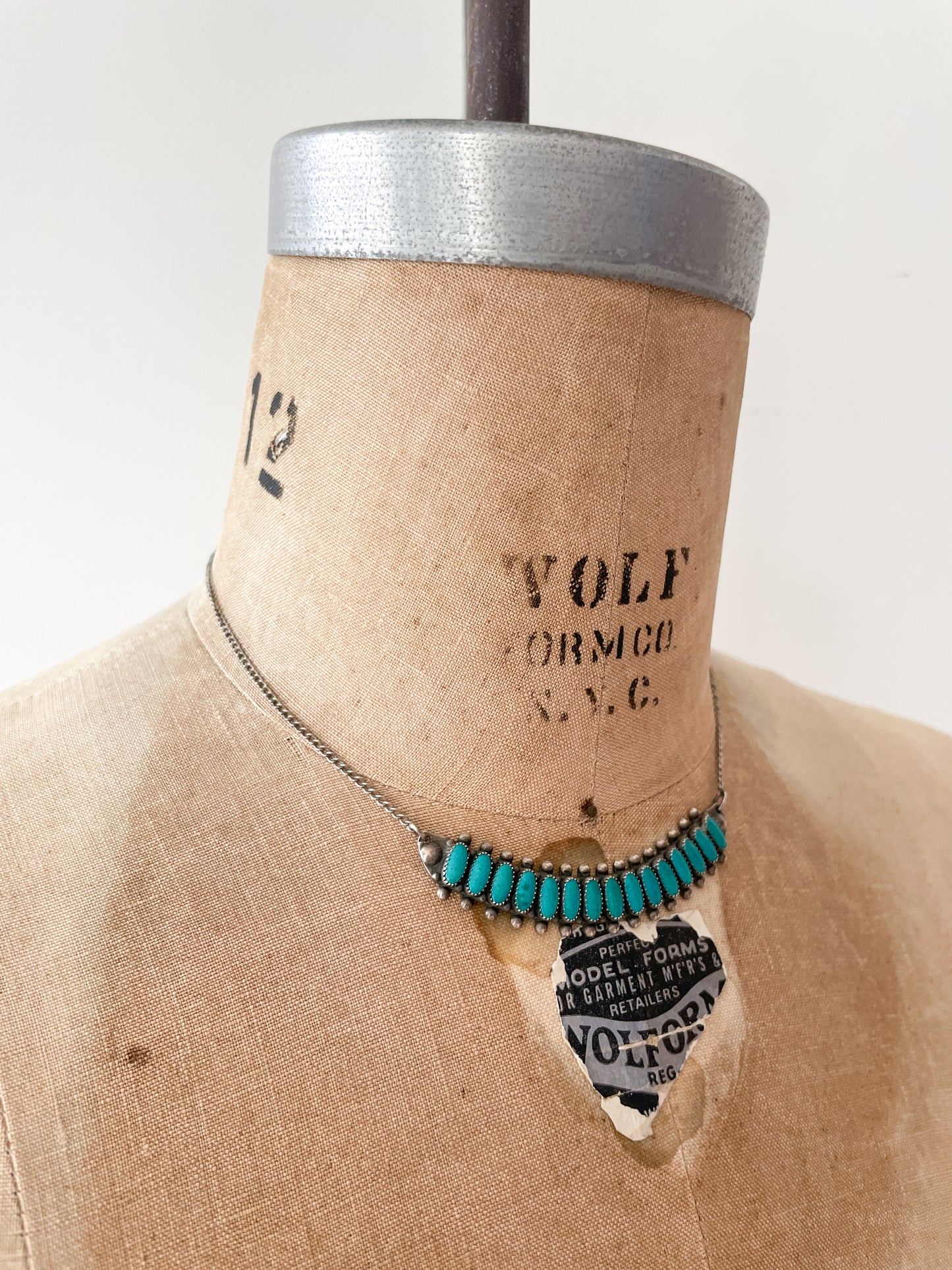 1950s Sterling and Turquoise 15 Stone Petit Point Bib Necklace
