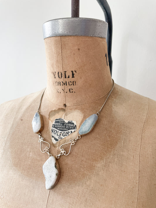 1970s Vintage Sterling and Quartz Three Stone Statement Necklace