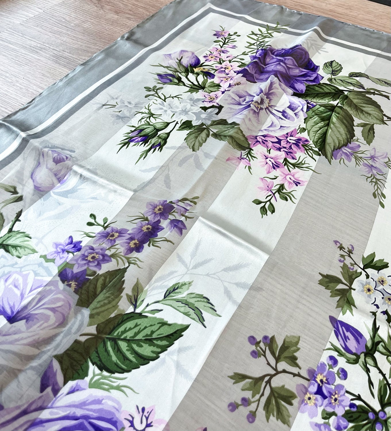 1980s Vintage Valentino Semi-Sheer Silk Purple Roses Floral Scarf