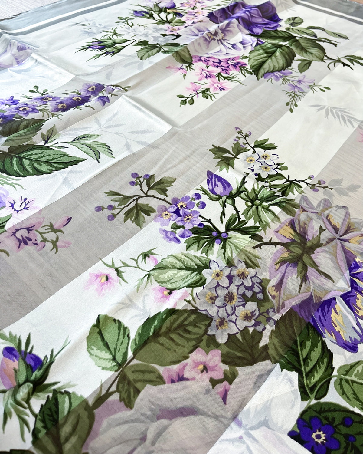1980s Vintage Valentino Semi-Sheer Silk Purple Roses Floral Scarf